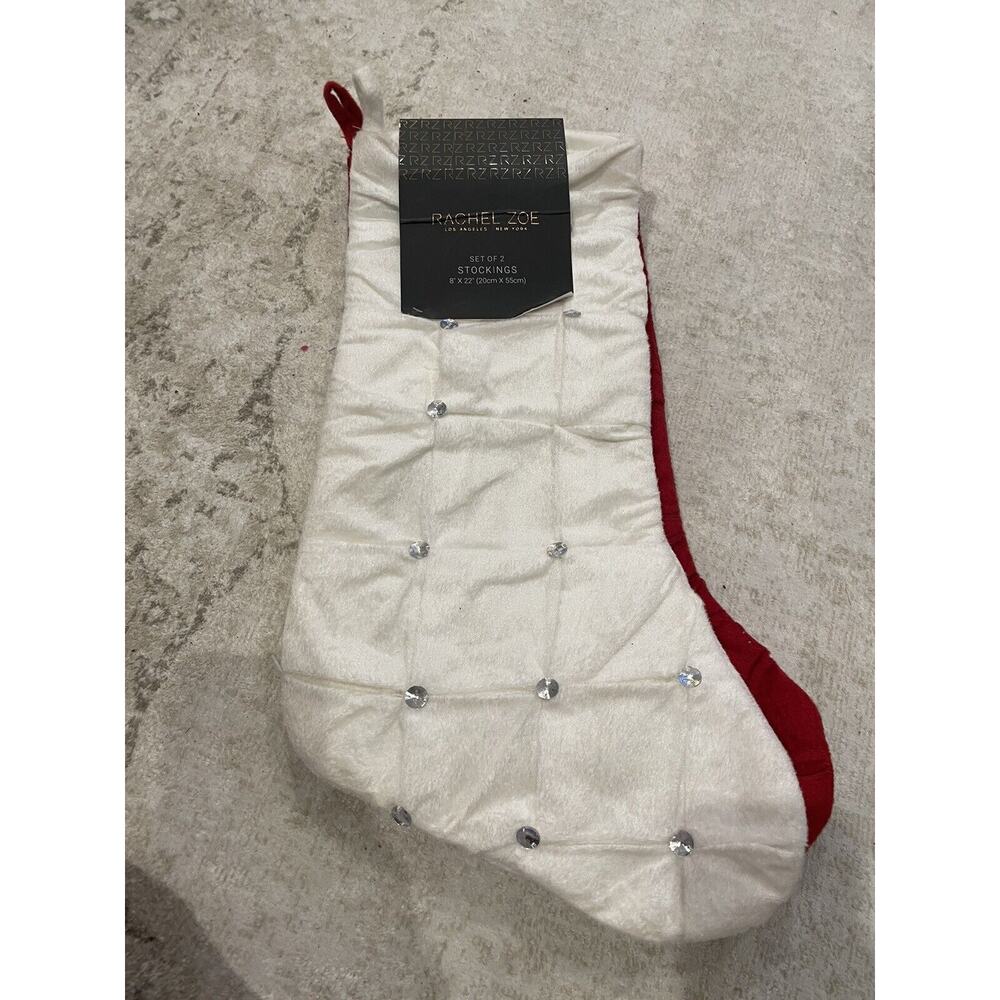 NWT Set Of 2‎ Rachel Zoe 8” X 22” Christmas Stockings White Red Rhinestone Glam